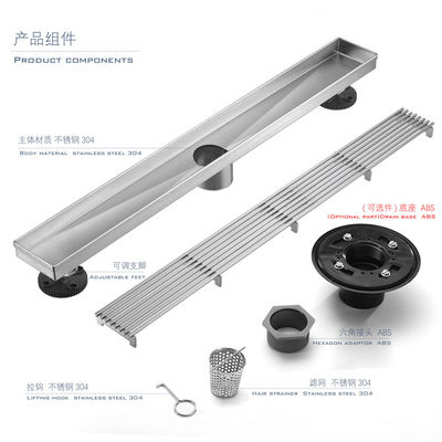 Modern Mesh Brushed Nickel Shower Floor Drain Long Stainless Steel Trap Factory Direct for Hotel Bathrooms