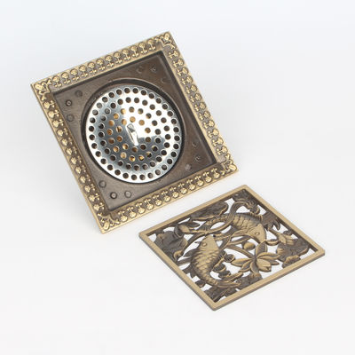 Factory Sale Modern Brass Antique Double Carp Lucky round Bathroom Square Floor Drain with Waste Strainer Function for Hotels