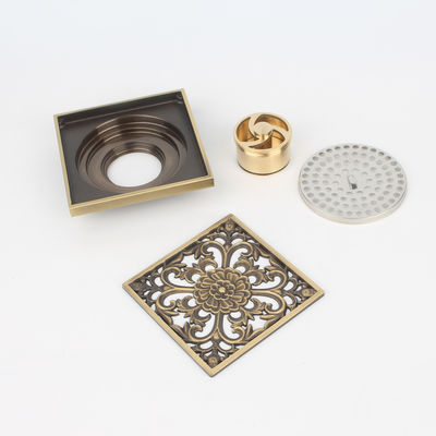 4 Inch Brass Square Shower Drain with Strainer Style and Removable Cover Grid Grate