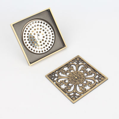 4 Inch Brass Square Shower Drain with Strainer Style and Removable Cover Grid Grate