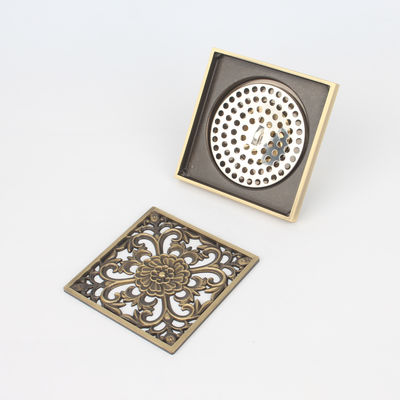 4 Inch Brass Square Shower Drain with Strainer Style and Removable Cover Grid Grate